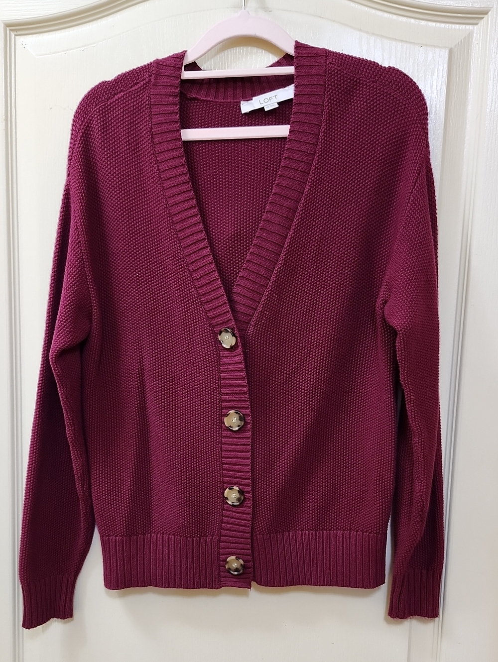 LOFT Raspberry Button-Front V-Neck Cardigan